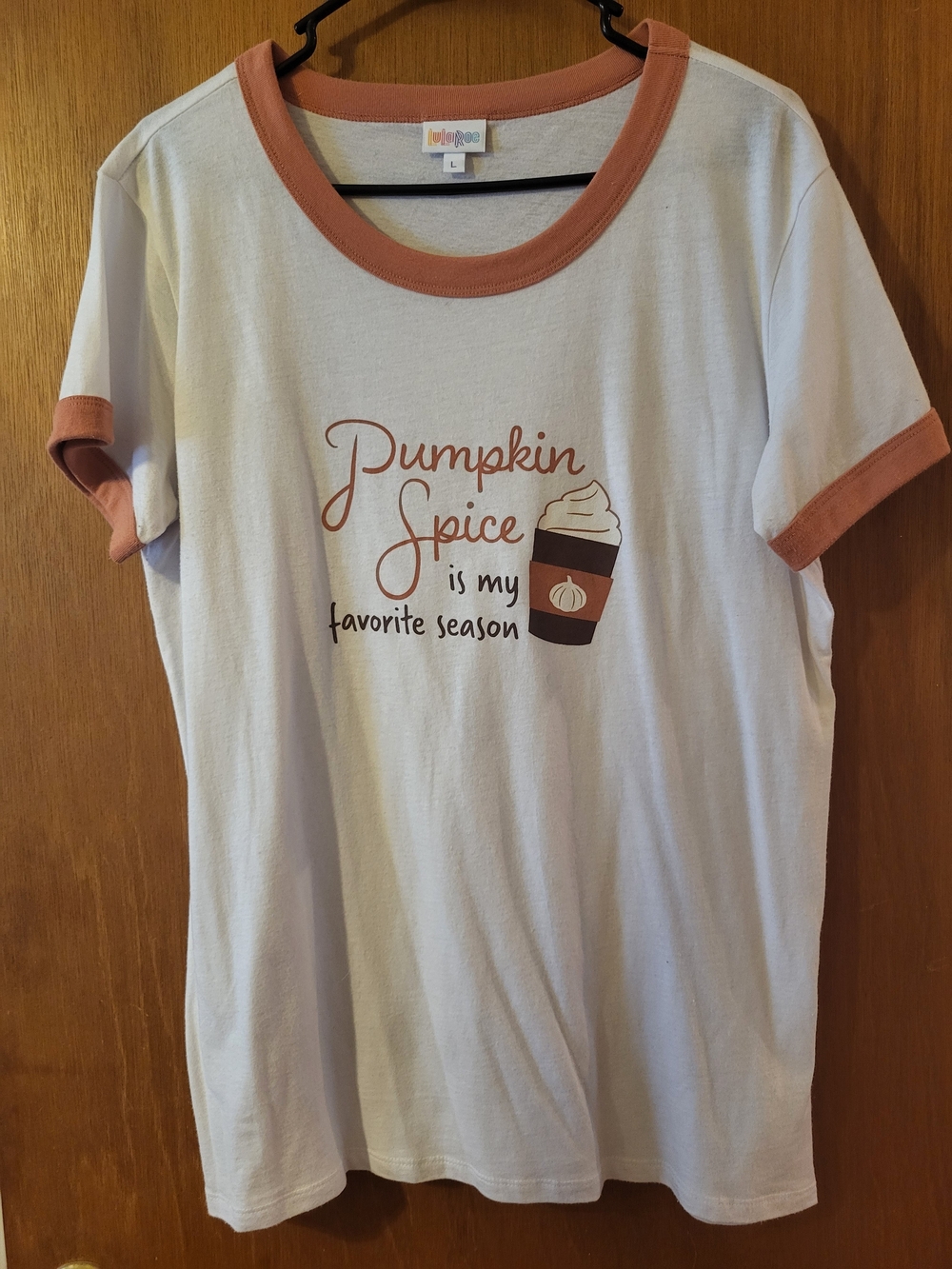 LuLaRoe White Tee with Rust Trim and Pumpkin Spice Graphic